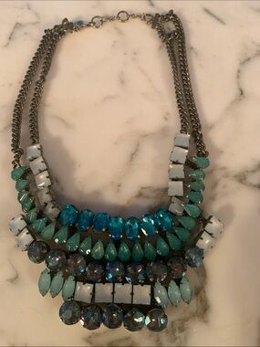 Banana Republic Turquoise, White, Blue Rhinestone Bib Statement Necklace